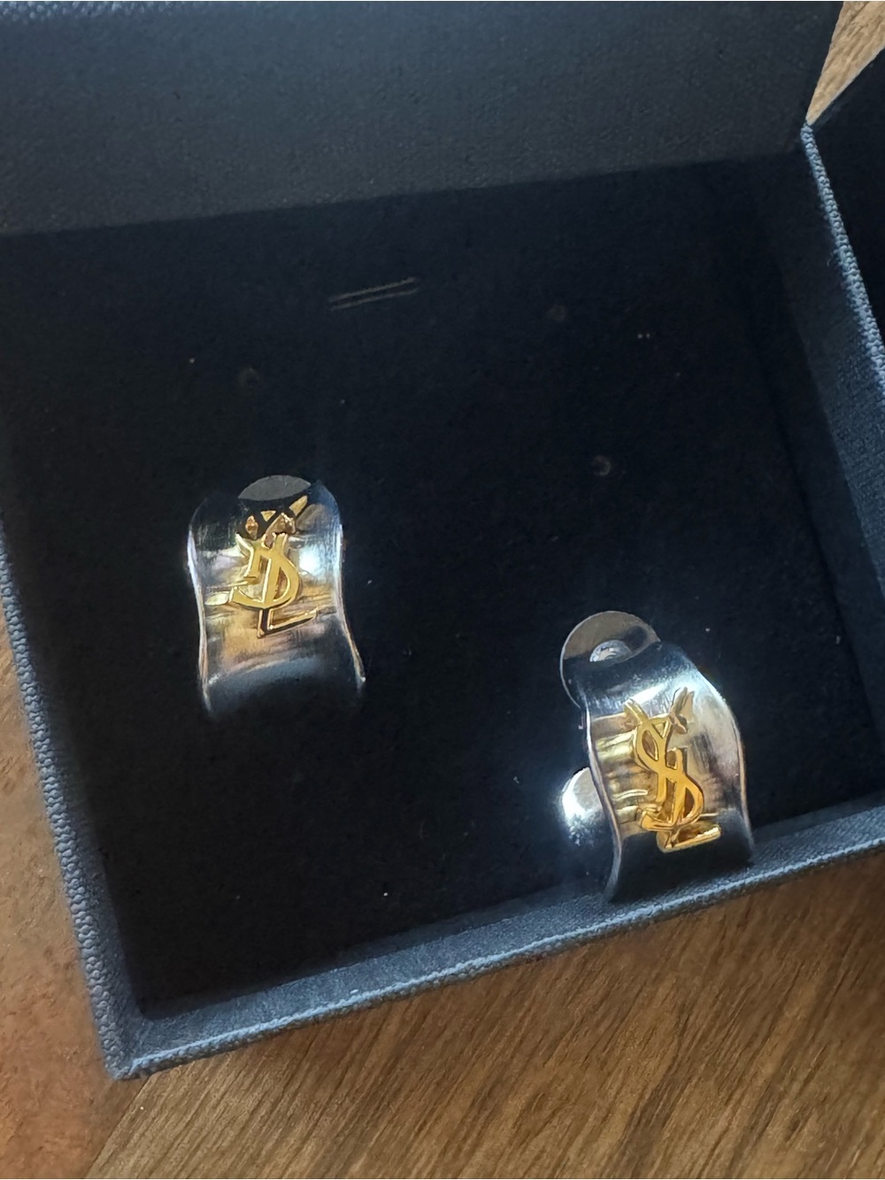 Saint Laurent Silver and Gold YSL Logo Cuff Clip Earrings - Picture 2 of 7